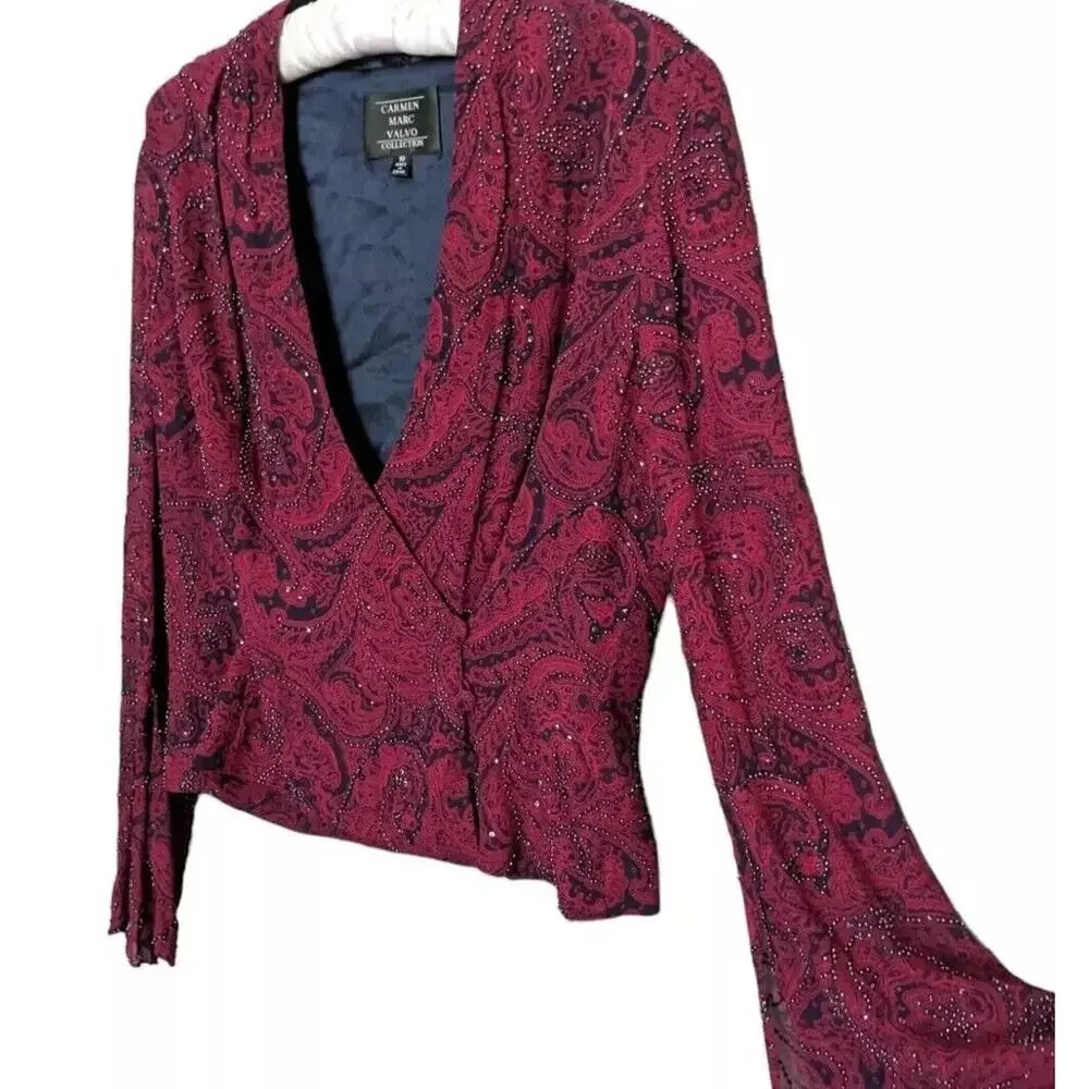 Carmen Marc Valvo Silk Beaded Blouse Women 10 Burgundy Blue Paisley Bell Sleeve - Picture 1 of 8